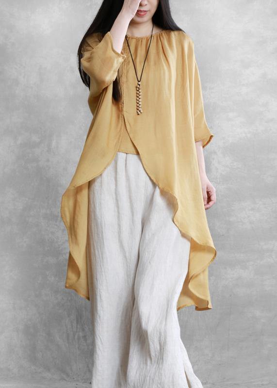 Women o neck asymmetric crane tops pattern yellow tops - SooLinen
