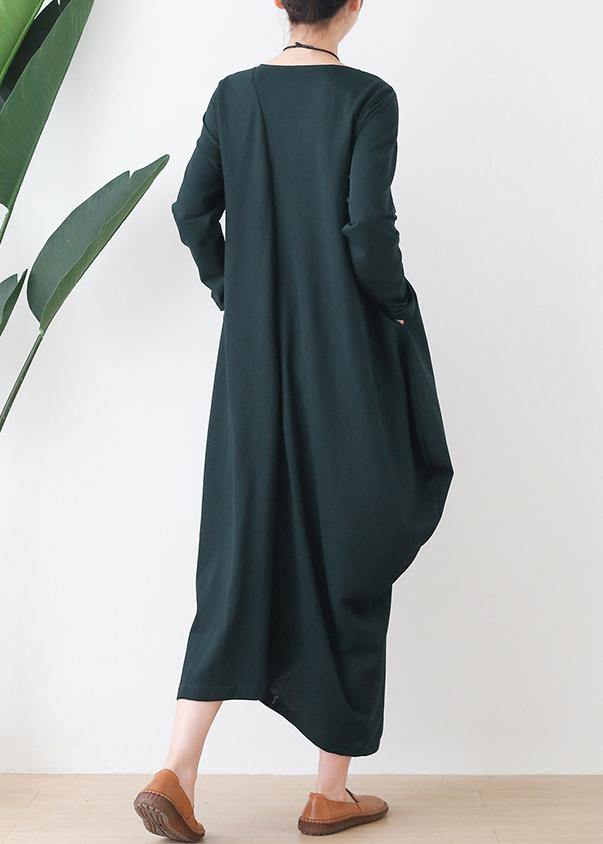 Women o neck asymmetric fall Robes Shirts green Dress - SooLinen