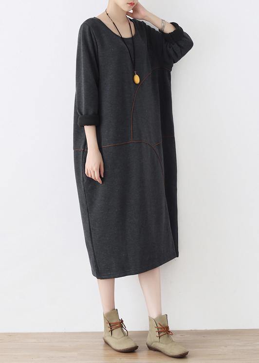 Women o neck asymmetric fall tunic pattern Work Outfits gray Robe Dresses - SooLinen