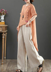 Women o neck asymmetric linen blouses for women pattern orange tops - SooLinen