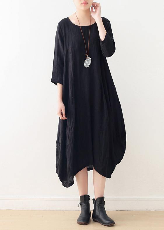 Women o neck asymmetric linen dress Wardrobes black Dress - SooLinen