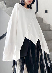 Women o neck asymmetric linen fall clothes Tops white shirts - SooLinen