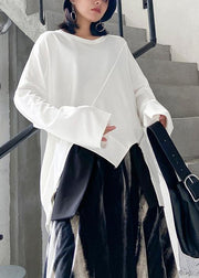 Women o neck asymmetric linen fall clothes Tops white shirts - SooLinen