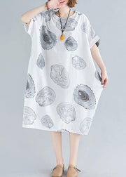 Women o neck baggy Cotton summer clothes linen white print Dresses - SooLinen