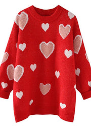 Women o neck blue knit sweat tops oversized love knitted pullover - SooLinen