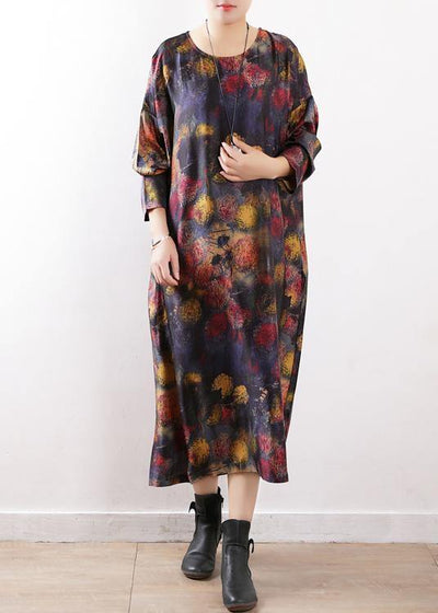 Women o neck chiffon Summer dress Korea Ideas black purple print long Dresses - SooLinen