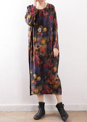 Women o neck chiffon Summer dress Korea Ideas black purple print long Dresses - SooLinen