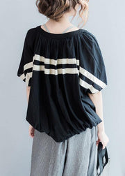Women o neck cotton clothes design black striped blouse summer - SooLinen