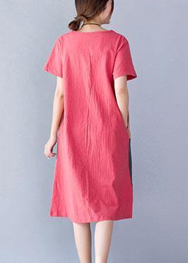 Women o neck cotton linen clothes Tunic Tops orange patchwork color Dresses summer - SooLinen