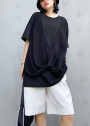 Women o neck cotton shirts black patchwork tulle shirts - SooLinen