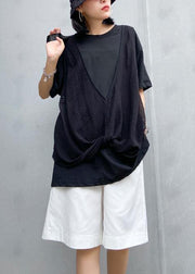 Women o neck cotton shirts black patchwork tulle shirts - SooLinen