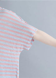 Women o neck cotton summer Inspiration red striped shirt - SooLinen