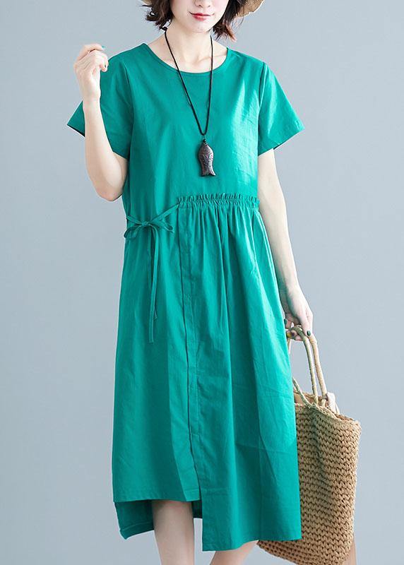 Women o neck drawstring cotton linen quilting dresses Tutorials green Dress summer - SooLinen
