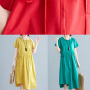 Women o neck drawstring cotton linen quilting dresses Tutorials green Dress summer - SooLinen