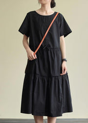 Women o neck drawstring cotton summer clothes For Women Wardrobes black cotton robes Dress - SooLinen