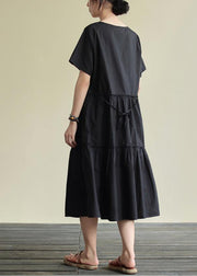 Women o neck drawstring cotton summer clothes For Women Wardrobes black cotton robes Dress - SooLinen
