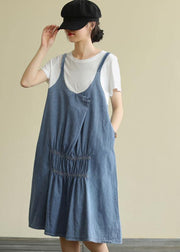Women o neck false two pieces Cotton summer quilting dresses design blue Dress - SooLinen