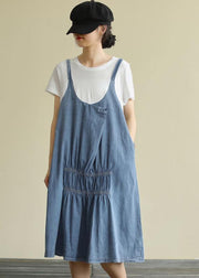 Women o neck false two pieces Cotton summer quilting dresses design blue Dress - SooLinen