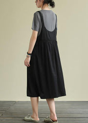 Women o neck false two pieces cotton summer quilting dresses gray Maxi Dress - SooLinen