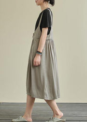 Women o neck false two pieces cotton summer quilting dresses gray Maxi Dress - SooLinen