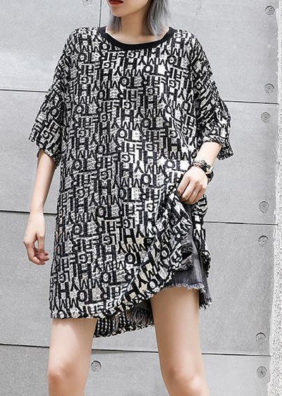 Women o neck half sleeve cotton tops women Outfits black print top summer - SooLinen