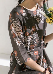 Women o neck half sleeve linen Robes Photography chocolate print Dress - SooLinen