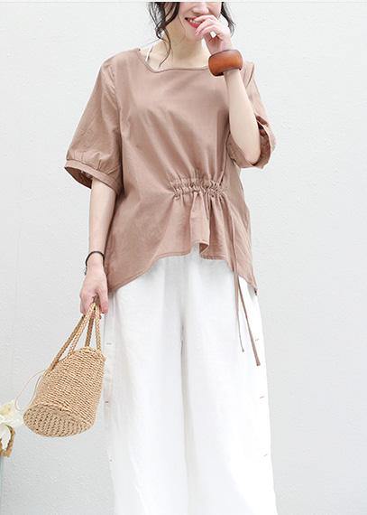 Women o neck lantern sleeve cotton linen tunic top Neckline khaki summer blouses - SooLinen
