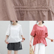 Women o neck lantern sleeve cotton linen tunic top Neckline khaki summer blouses - SooLinen