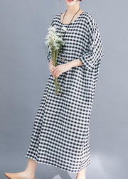 Women o neck linen cotton Robes Shirts gray white plaid Plus Size Clothing Dresses summer - SooLinen