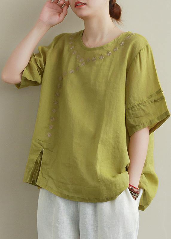 Women o neck linen cotton summer top green embroidery short blouse - SooLinen