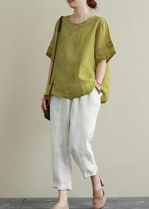 Women o neck linen cotton summer top green embroidery short blouse - SooLinen