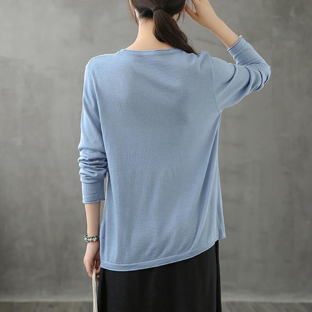 Women o neck long sleeve fall shirts pattern blue blouse - SooLinen