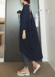 Women o neck low high design Cotton dresses Sleeve navy Dresses - SooLinen