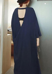 Women o neck low high design Cotton dresses Sleeve navy Dresses - SooLinen