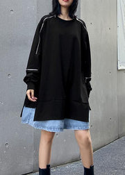 Women o neck patchwork  fall clothes Tunic black Dresses - SooLinen