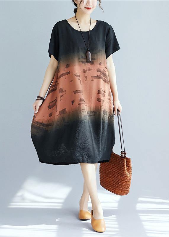 Women o neck patchwork Cotton dress khaki print Dresses summer - SooLinen