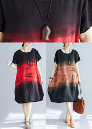 Women o neck patchwork Cotton dress khaki print Dresses summer - SooLinen