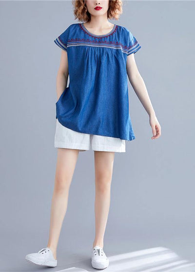 Women o neck patchwork cotton blouses Work denim blue summer - SooLinen