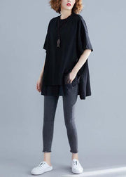 Women o neck patchwork cotton blouses for black short shirt summer - SooLinen
