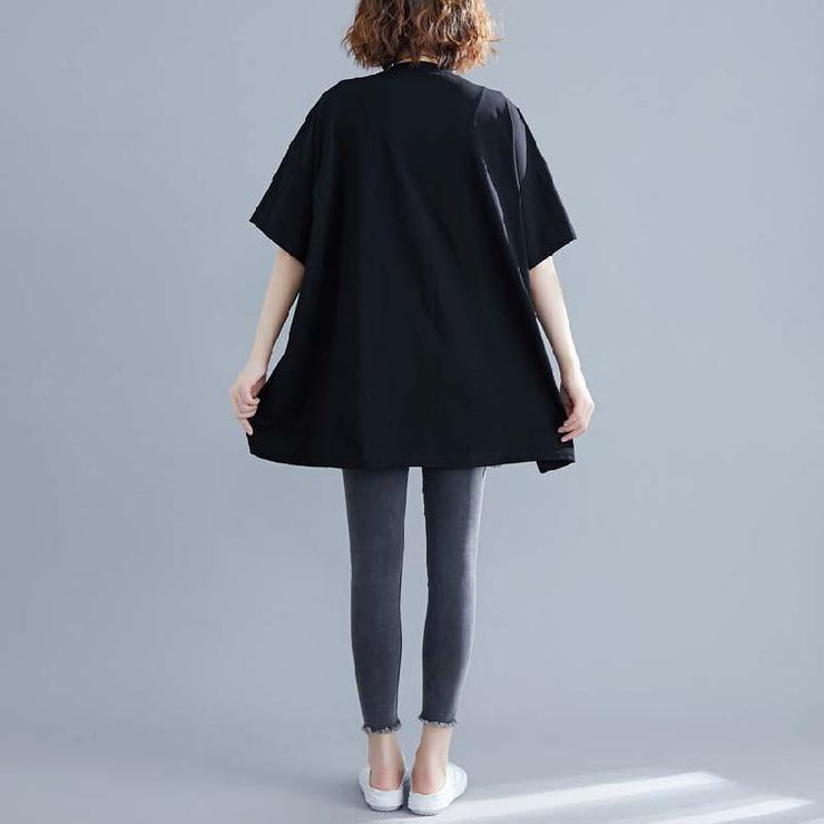 Women o neck patchwork cotton blouses for black short shirt summer - SooLinen