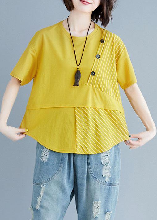 Women o neck patchwork cotton blouses for women yellow top summer - SooLinen