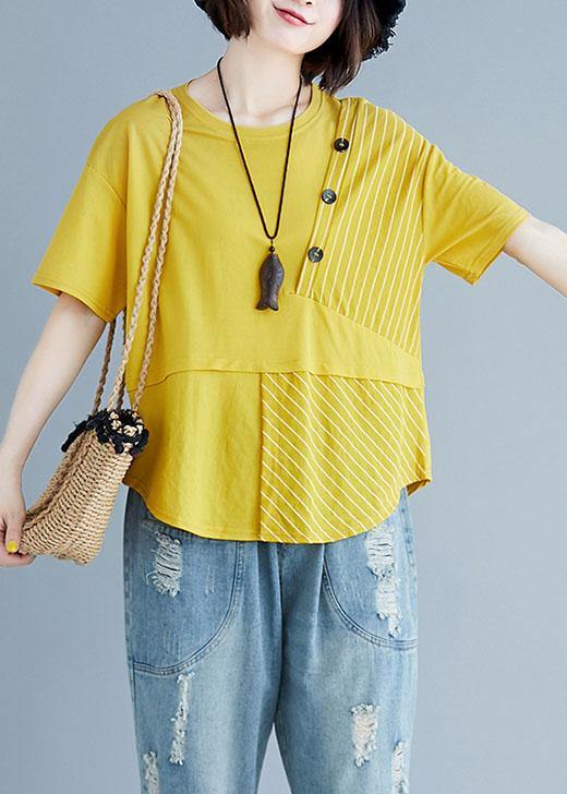 Women o neck patchwork cotton blouses for women yellow top summer - SooLinen