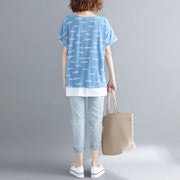Women o neck patchwork cotton clothes Casual Outfits blue print shirt