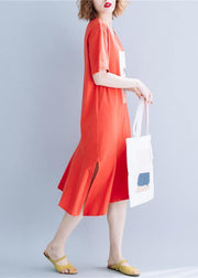 Women o neck patchwork cotton tunics for women red long Dresses summer - SooLinen