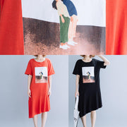 Women o neck patchwork cotton tunics for women red long Dresses summer - SooLinen