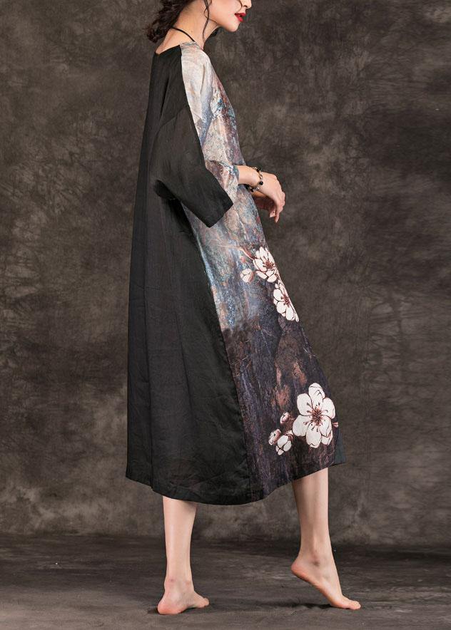 Women o neck patchwork linen clothes For Women Runway black print Dress summer - SooLinen