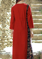 Women o neck patchwork linen cotton Robes Sewing dark blue Dress summer - SooLinen
