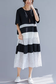 Women o neck patchwork linen cotton clothes 18th Century Work Outfits black Art Dress Summer