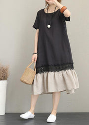 Women o neck patchwork linen summer dress Tunic Tops black Dresses - SooLinen