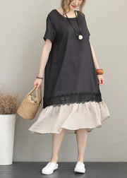 Women o neck patchwork linen summer dress Tunic Tops black Dresses - SooLinen